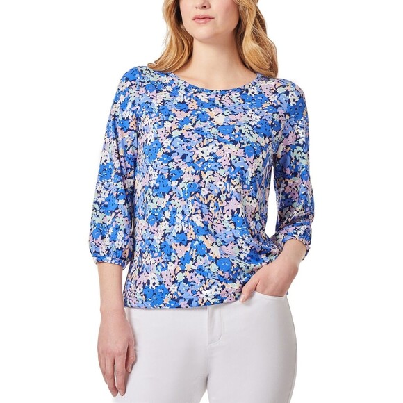 Jones New York Petite Floral-Print 3/4-Sleeve Top, Blue Horizon, PS - Picture 1 of 1